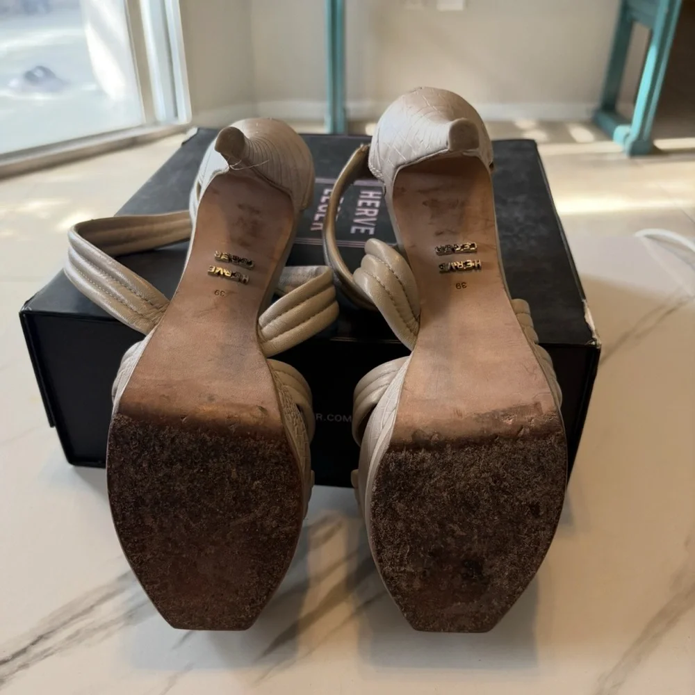 Elegant Taupe Herve Leger Strappy Lamb Heels - Picture 6 of 8